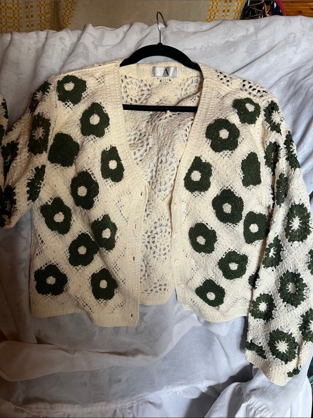 NIB BOHO Cream Crochet Cardigan with Olive Green Floral Motifs
